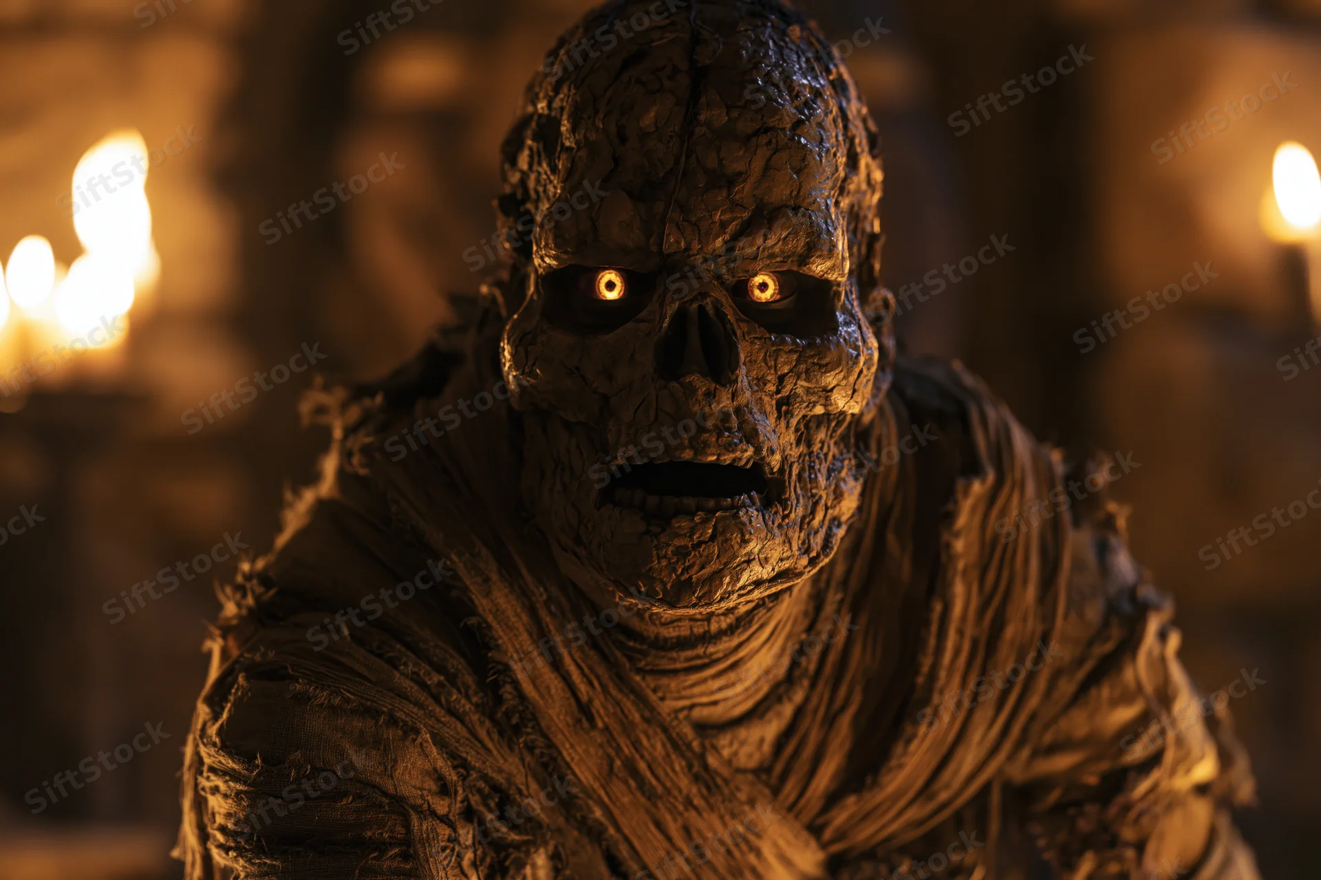 Decayed mummy with glowing eyes lunging forward in a dimly lit tomb