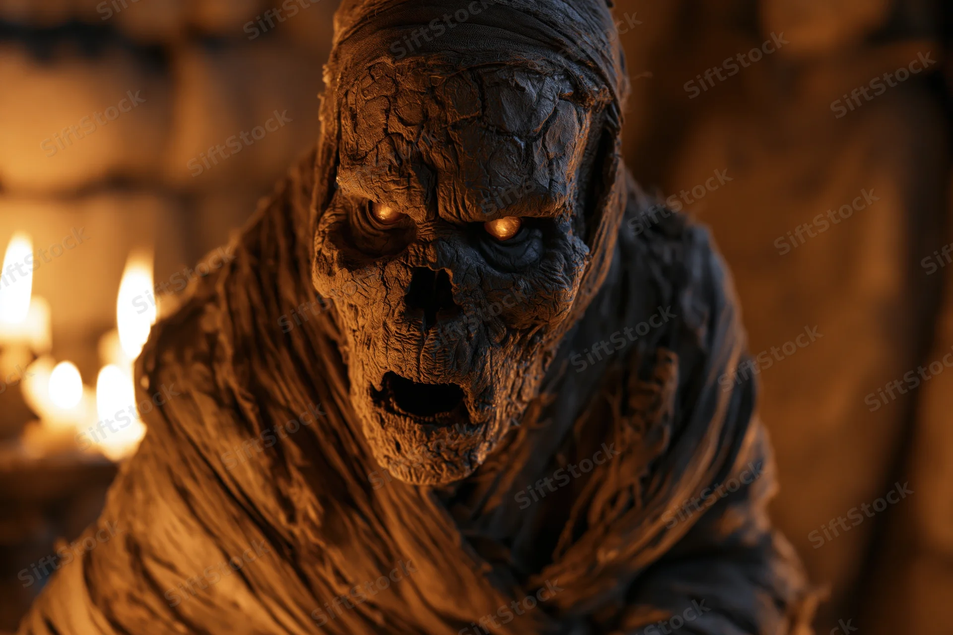 Decayed mummy lunging forward with glowing eyes in a dimly lit tomb