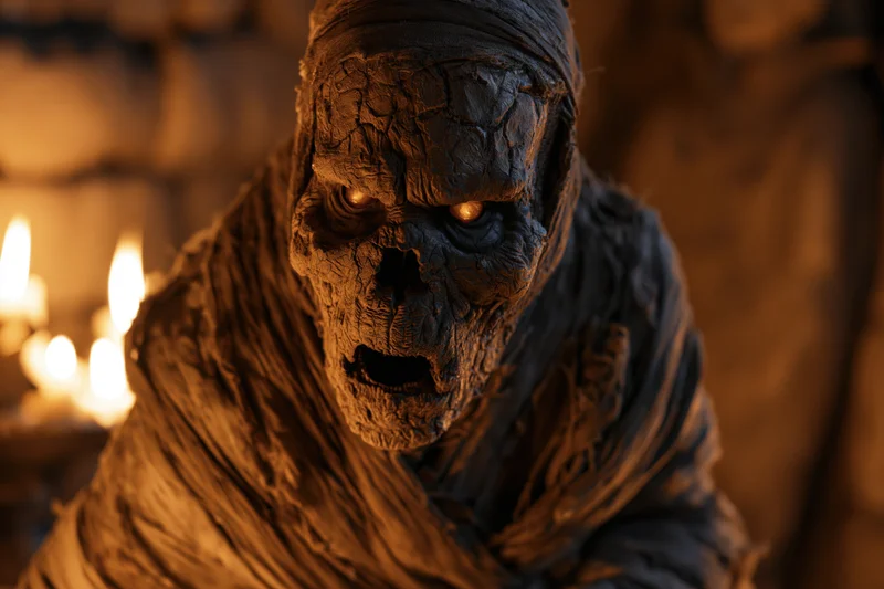 Decayed mummy lunging forward with glowing eyes in a dimly lit tomb