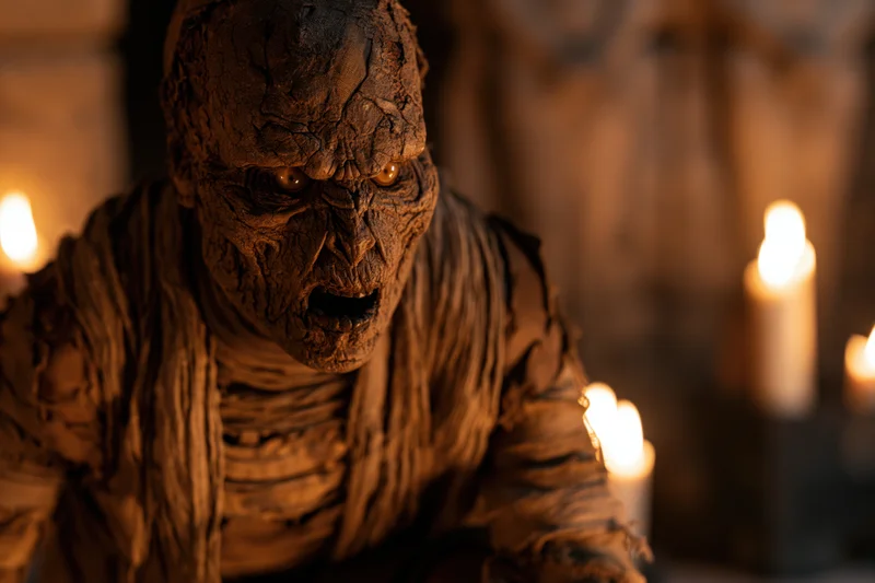 Decayed mummy lunging forward with open jaw in dim candlelit tomb
