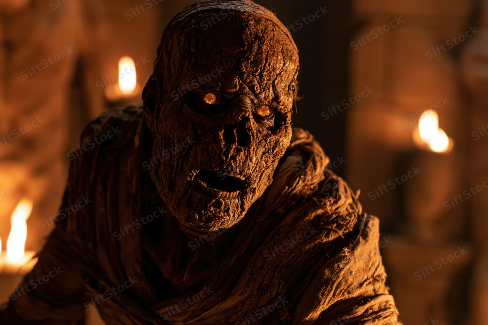 Decayed mummy lunging forward with open jaw and glowing eyes in dimly lit tomb illuminated by candles