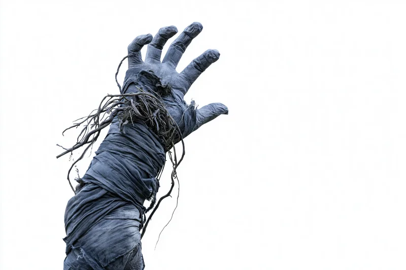 Decayed mummy hand wrapped in tattered bandages reaching upward against white background