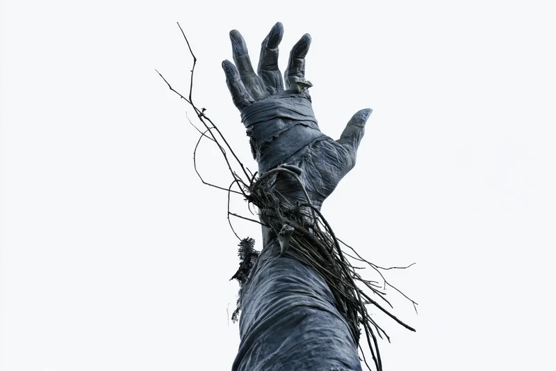 Decayed mummy hand wrapped in bandages reaching upward against white background
