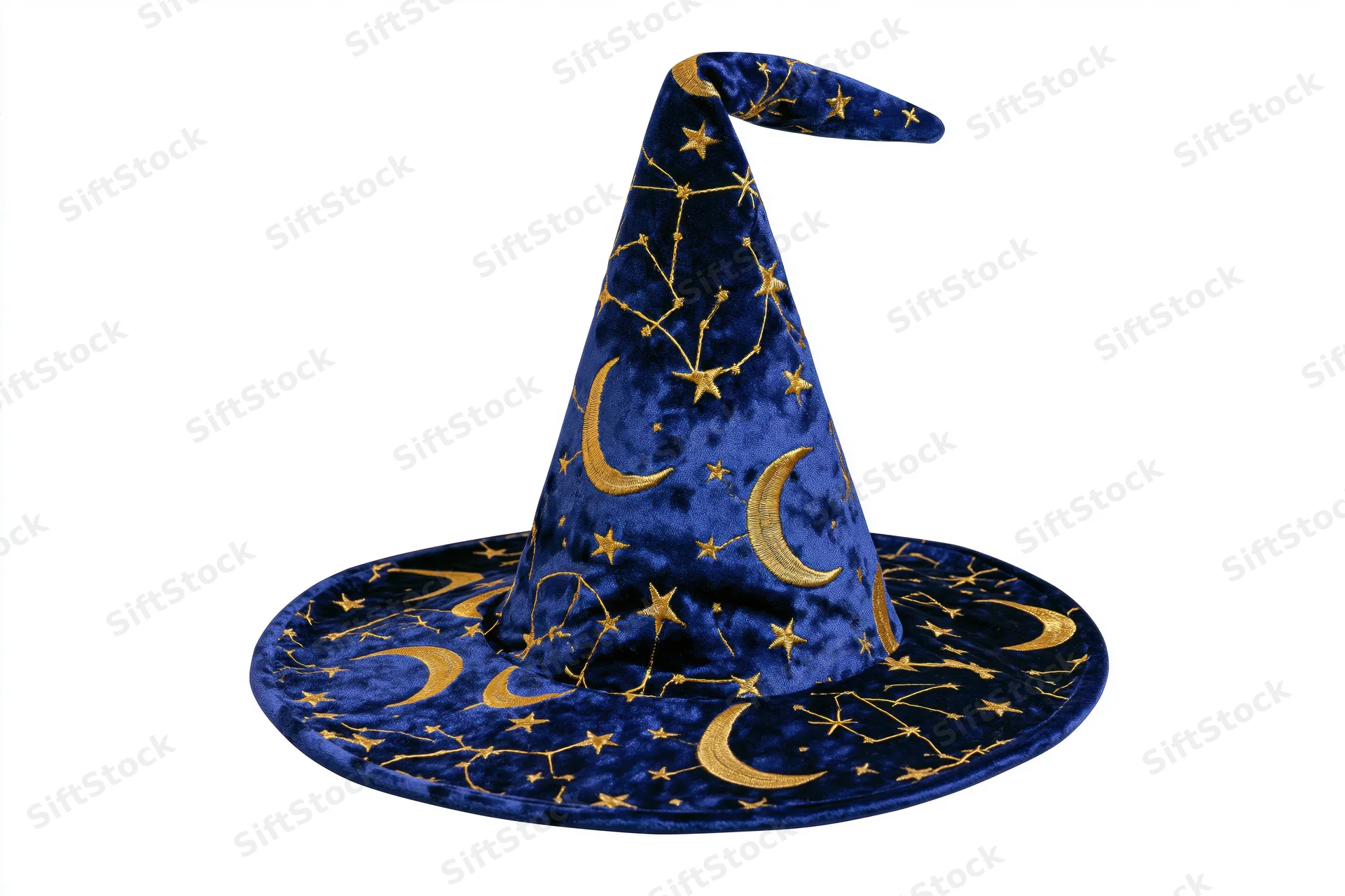 Navy blue velvet wizard hat with gold embroidered stars and crescent moons on white background
