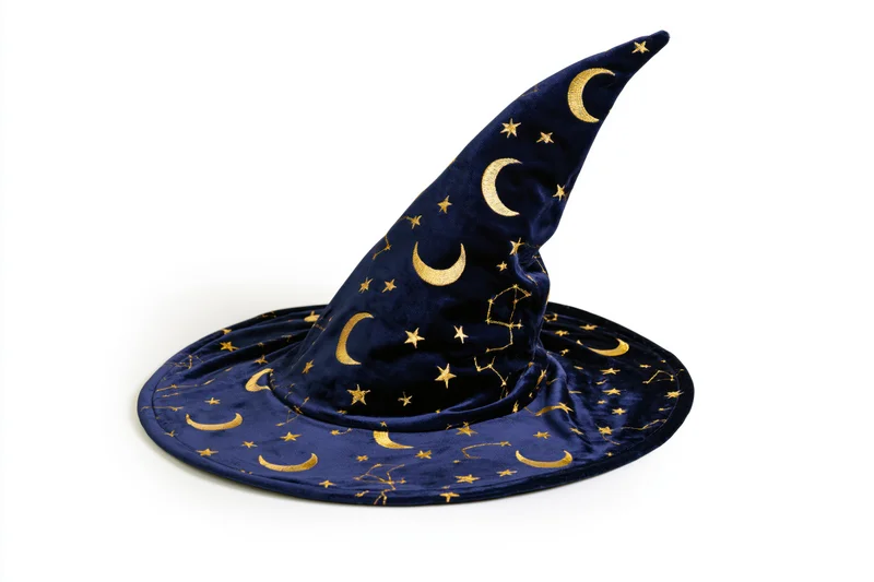 Navy velvet wizard hat with gold stars and crescent moons on white background