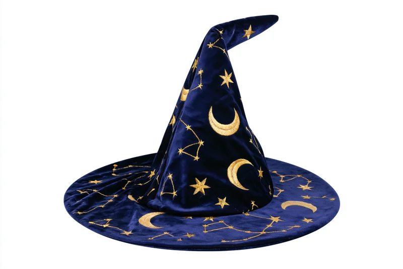 Navy velvet wizard hat with gold embroidered stars and moons on white background