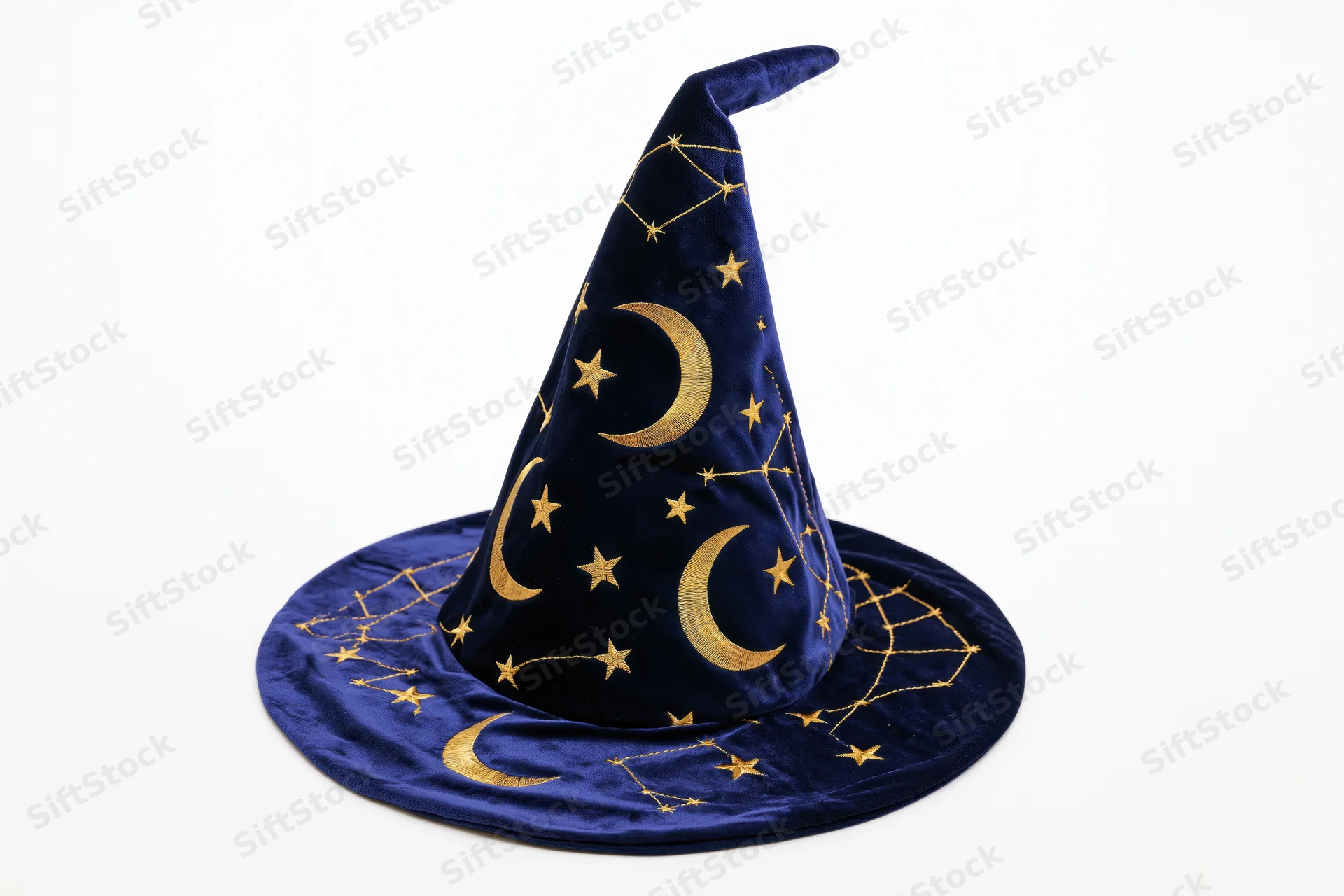 Navy velvet wizard hat with gold embroidered stars and moons on white background