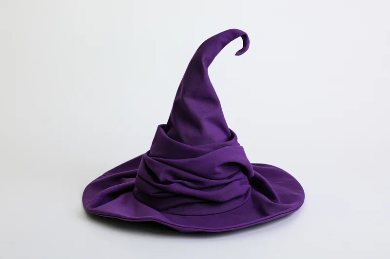 Deep purple fabric witch hat with tall curling tip on white background