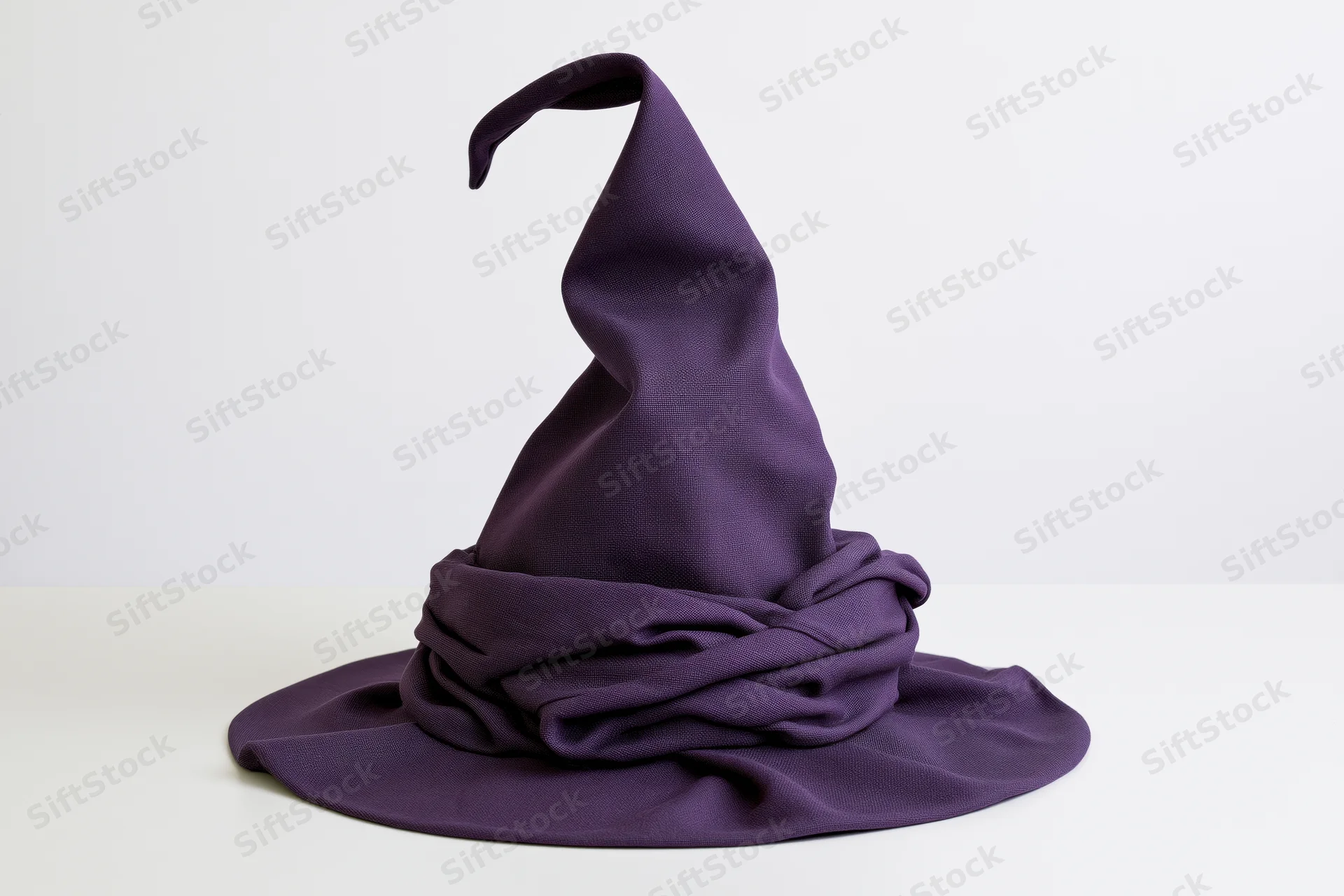 Deep purple fabric witch hat with tall curling tip on white surface