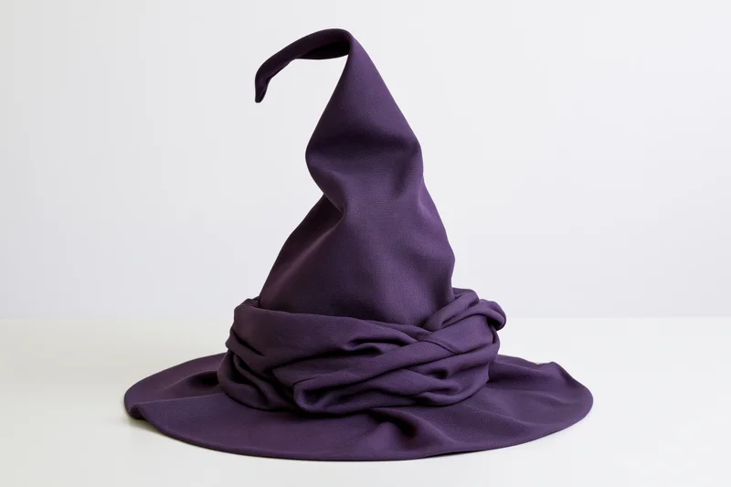 Deep purple fabric witch hat with tall curling tip on white surface