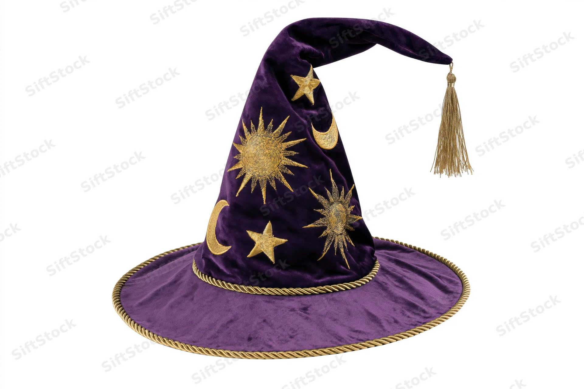 Deep purple velvet wizard hat with gold celestial embroidery and tassel on white background