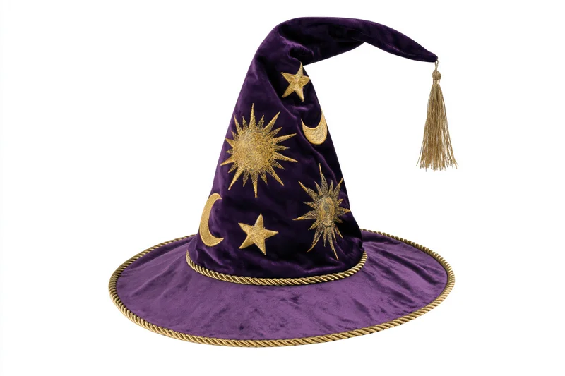 Deep purple velvet wizard hat with gold celestial embroidery and tassel on white background