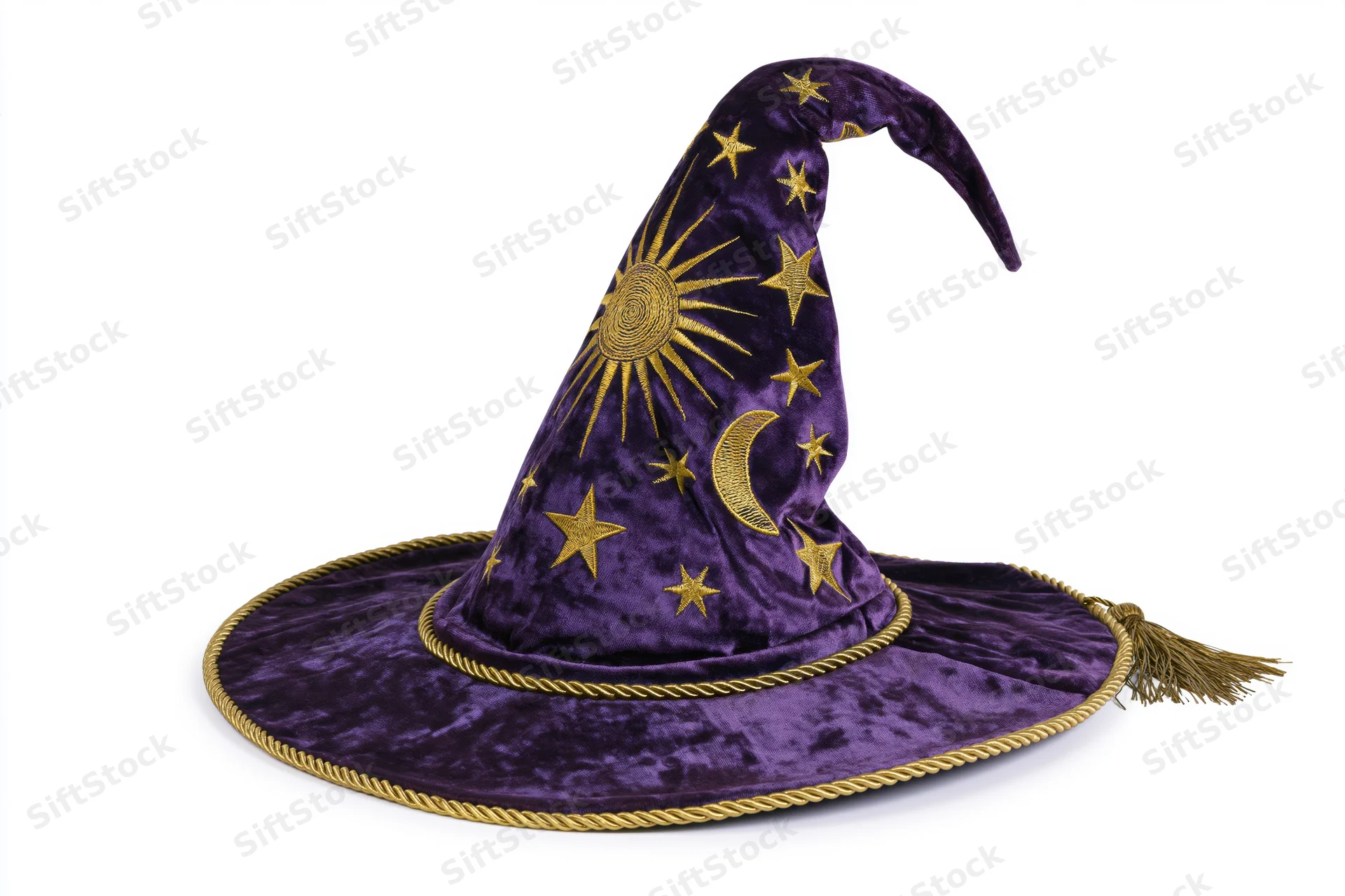 Deep purple velvet wizard hat with gold embroidered sun moon and stars on white background