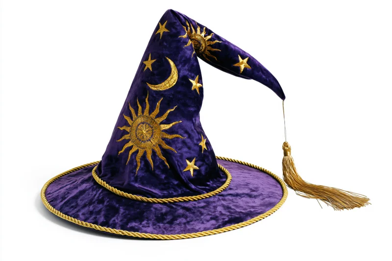 Deep purple velvet wizard hat with gold embroidered sun moon stars and tassel on white background
