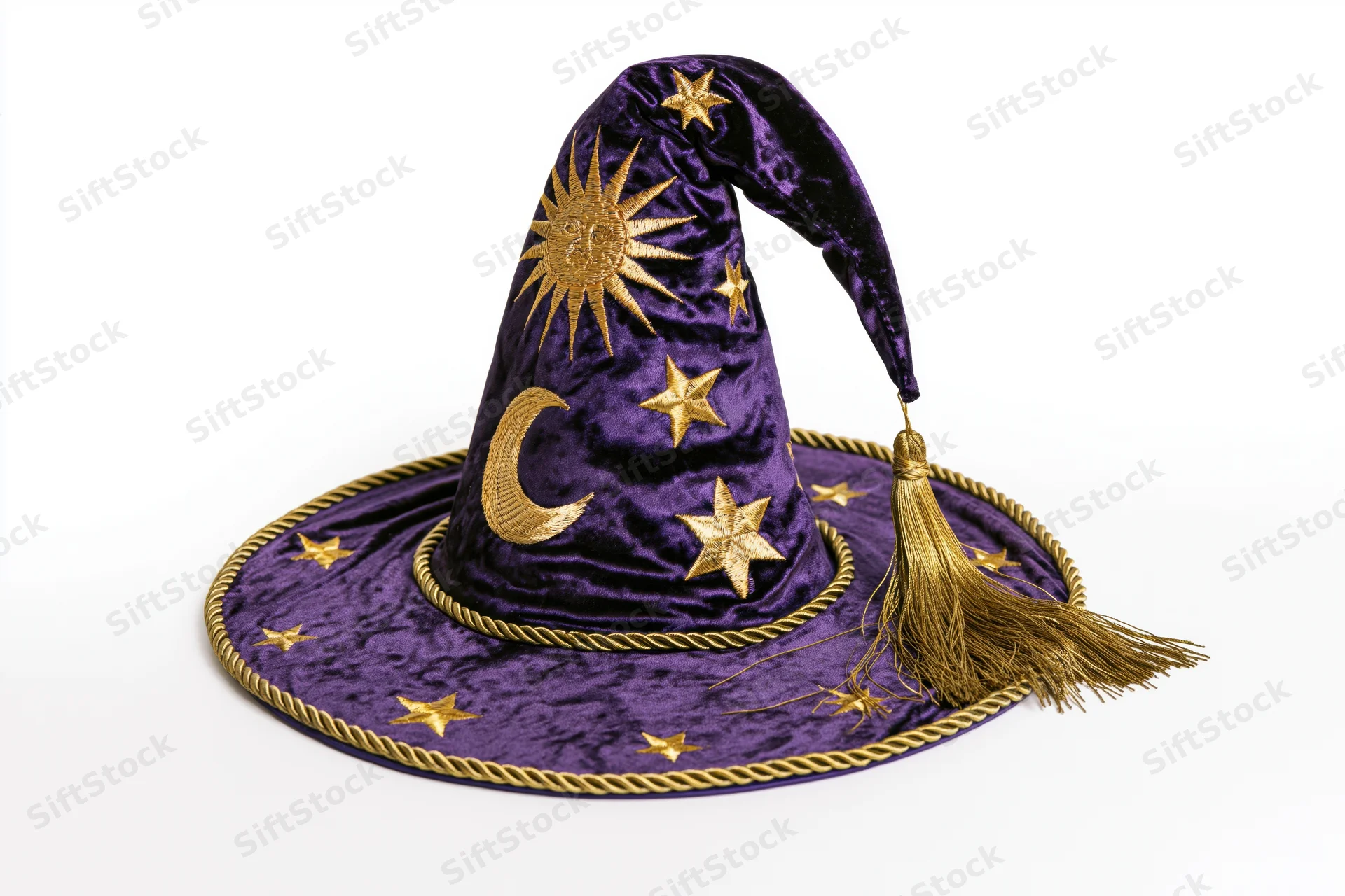 Deep purple velvet wizard hat with gold embroidered sun moon stars and tassel on white background