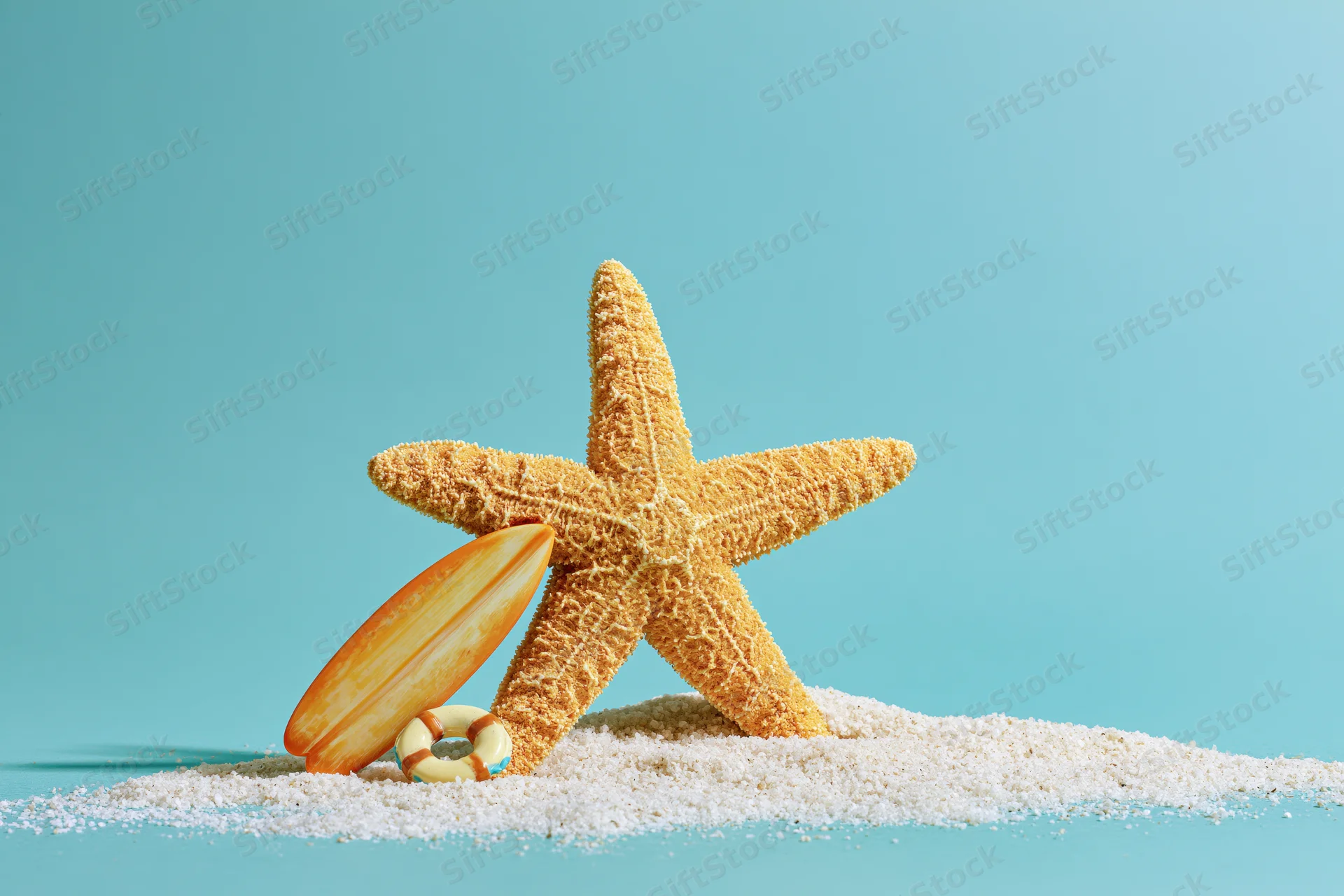 Dried starfish standing upright in fine white sand next to a small surfboard and lifebuoy against a turquoise background