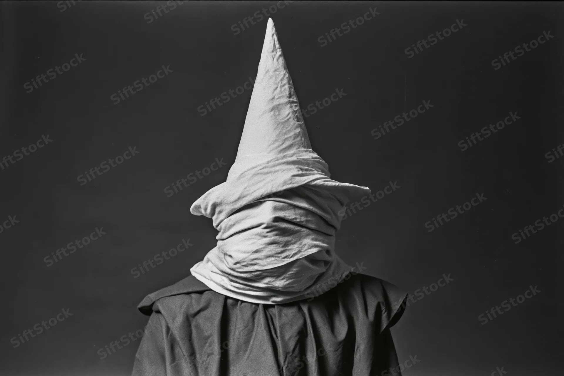 Figure in tall pointed witch hat with face covered by fabric, wearing dark cloak against dark background