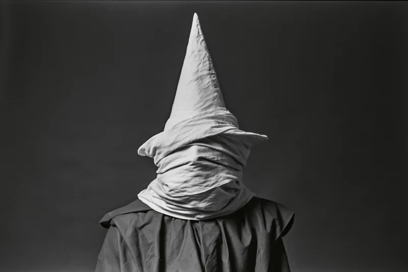 Figure in tall pointed witch hat with face covered by fabric, wearing dark cloak against dark background