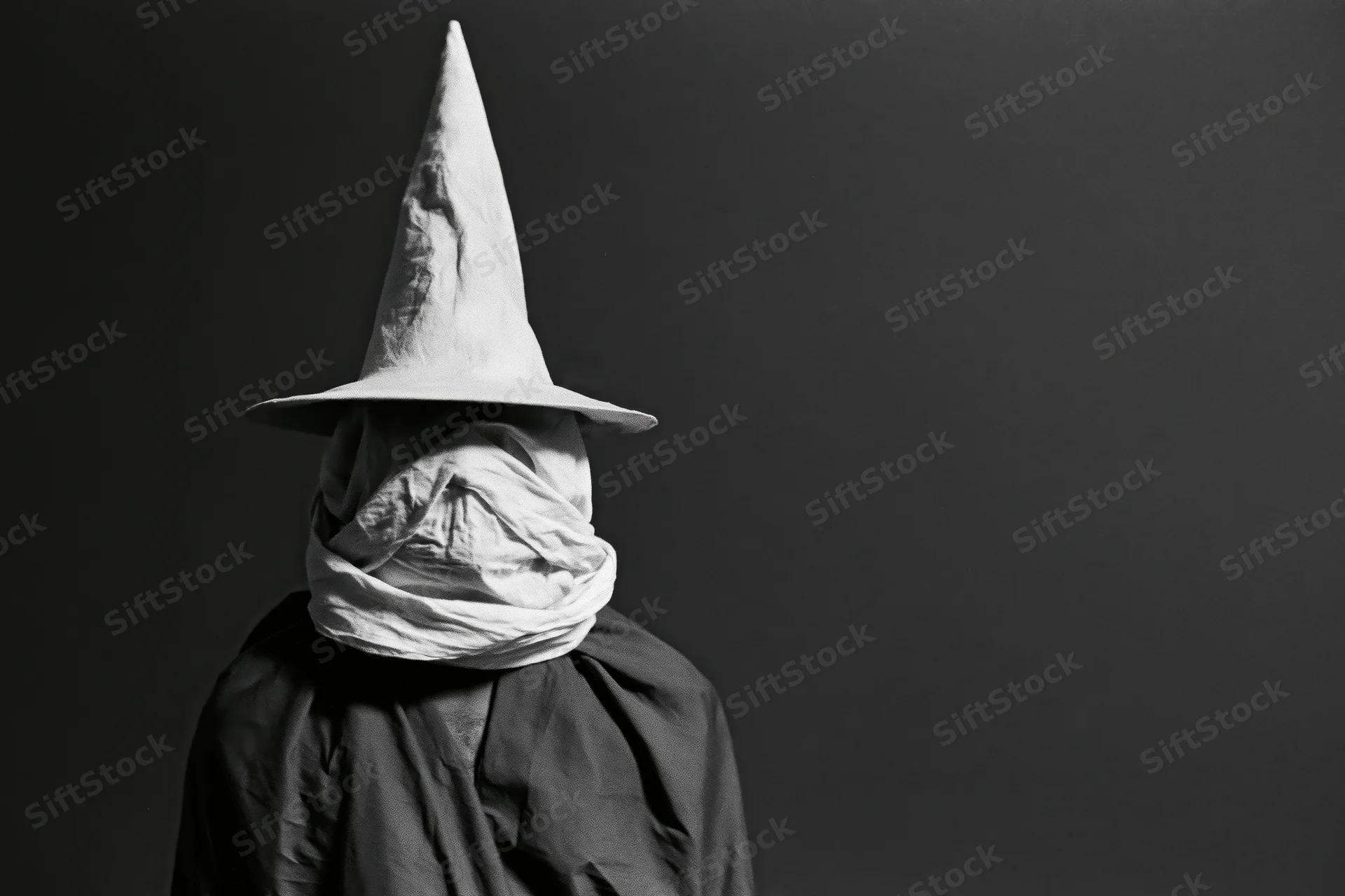 Hooded figure in pointed witch hat with face covered by cloth, standing against dark background