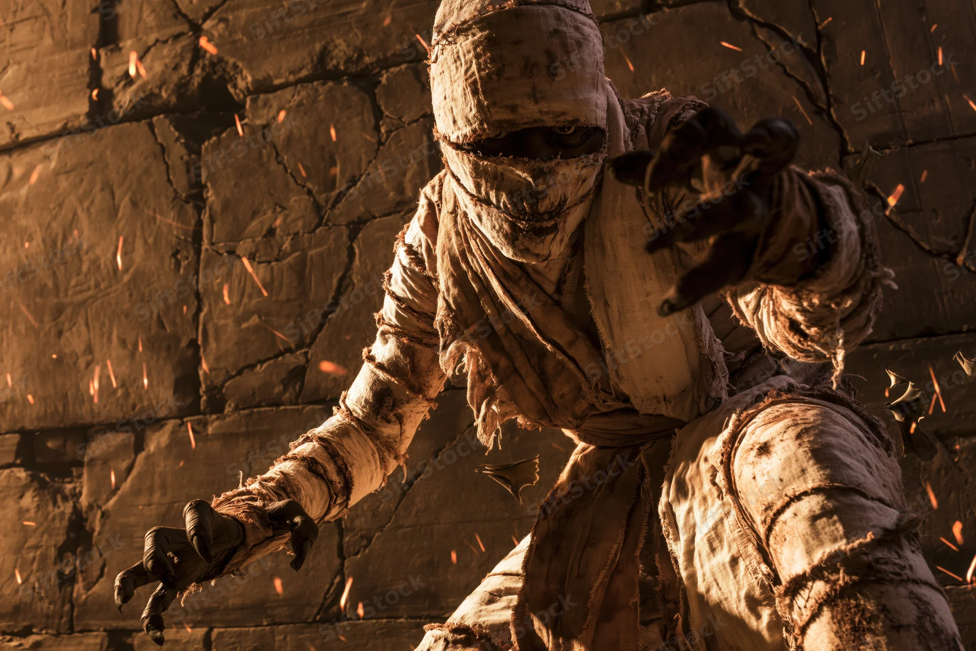 Mummy wrapped in aged linen bandages lunging forward in a crumbling stone tomb with sparks flying around