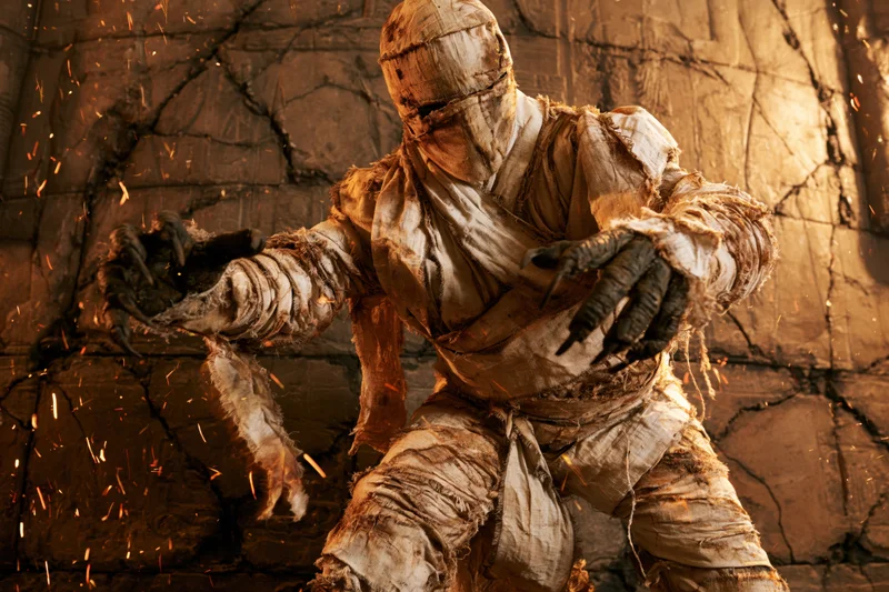 Mummy wrapped in aged linen bandages lunging forward in a cracked stone tomb with sparks flying