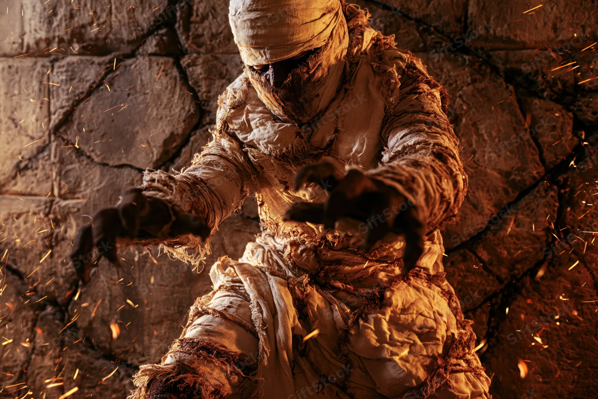 Mummy wrapped in aged linen bandages lunging forward in a stone tomb with sparks flying around