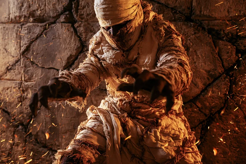 Mummy wrapped in aged linen bandages lunging forward in a stone tomb with sparks flying around