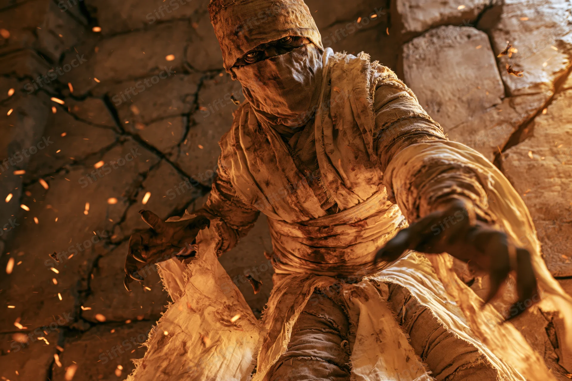 Mummy wrapped in aged linen bandages lunging forward in a cracked stone tomb with sparks flying around