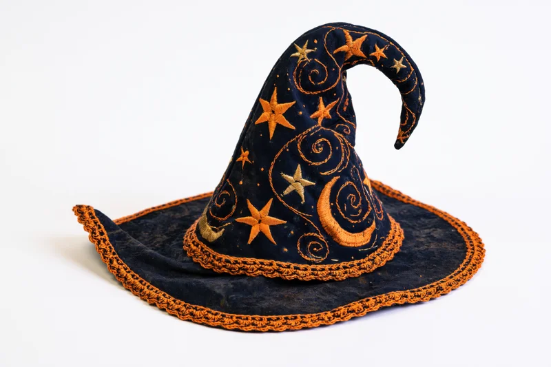Handmade fabric witch hat with embroidered stars and moons, curved tip, lying flat on white background