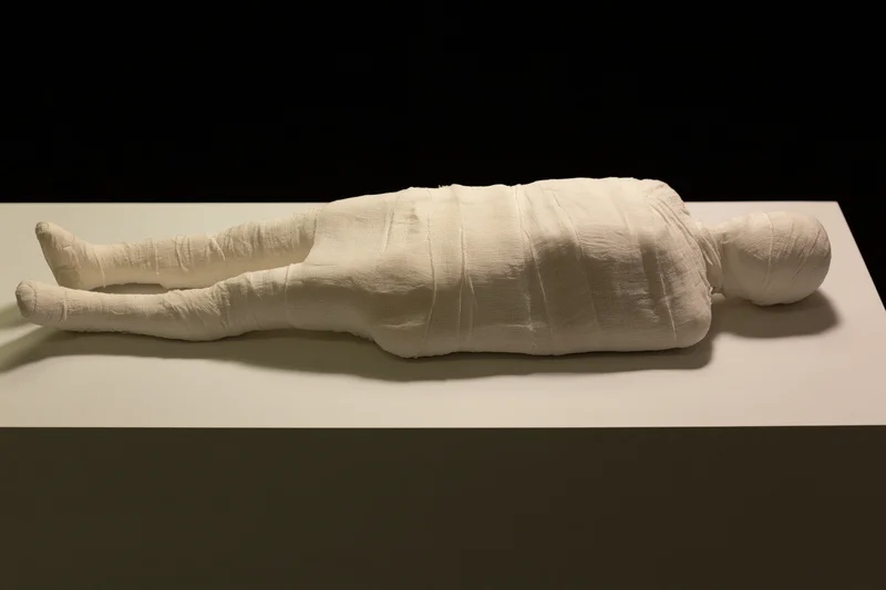 Human figure wrapped in white bandages lying on a display table in a museum exhibit