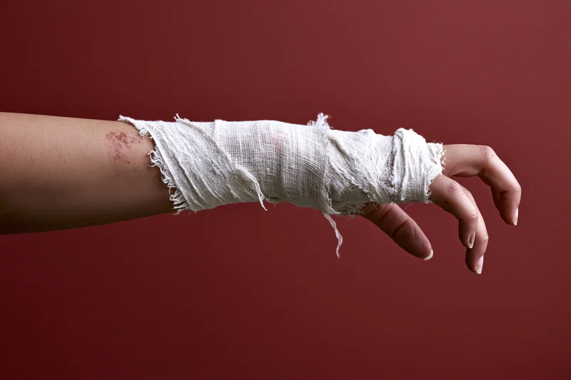 Woman's arm with frayed gauze bandage showing wound on red background