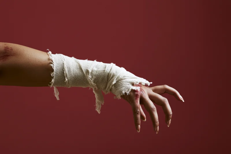 Injured hand with frayed gauze bandage against maroon background