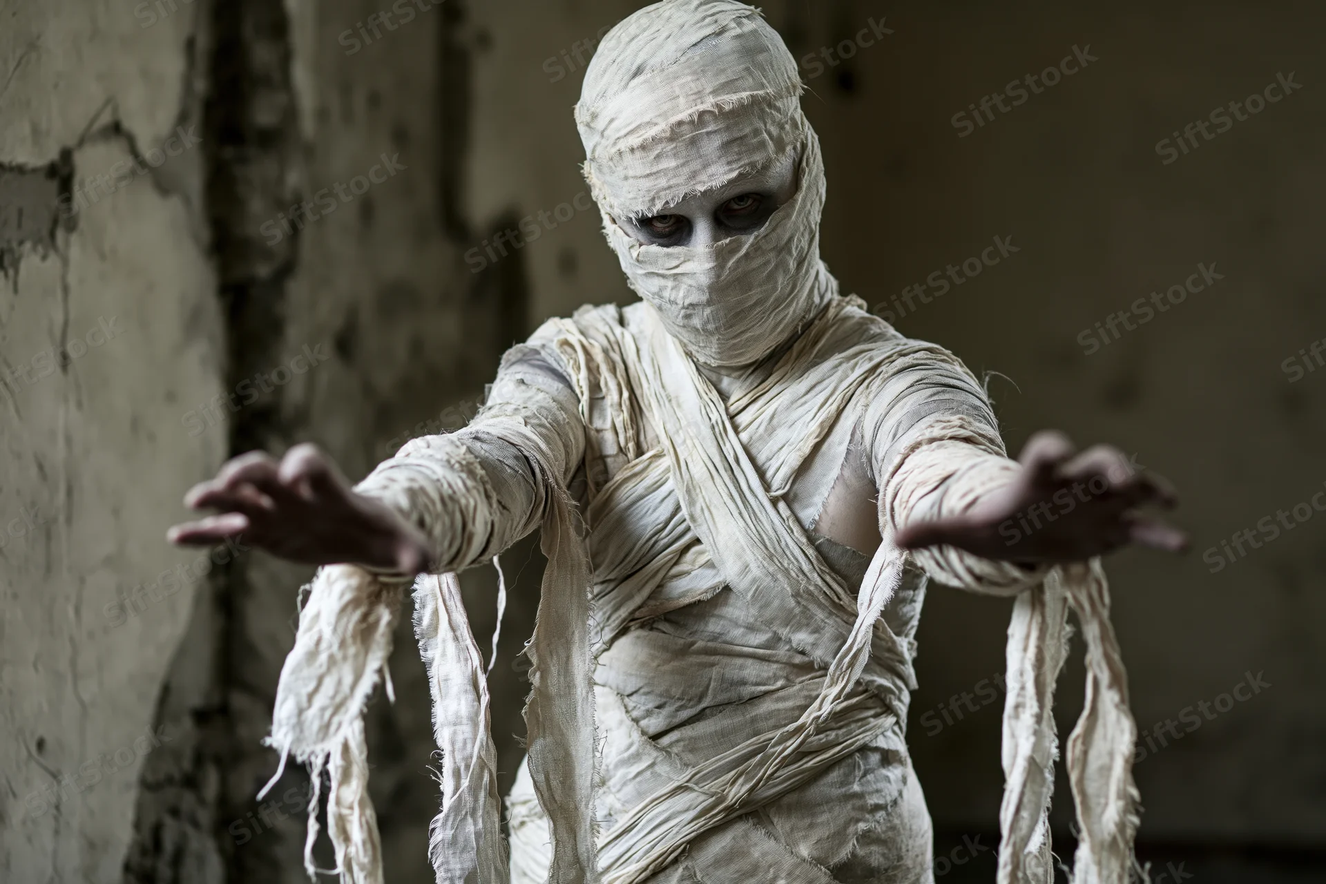 Man in mummy costume with arms outstretched in a crumbling stone room