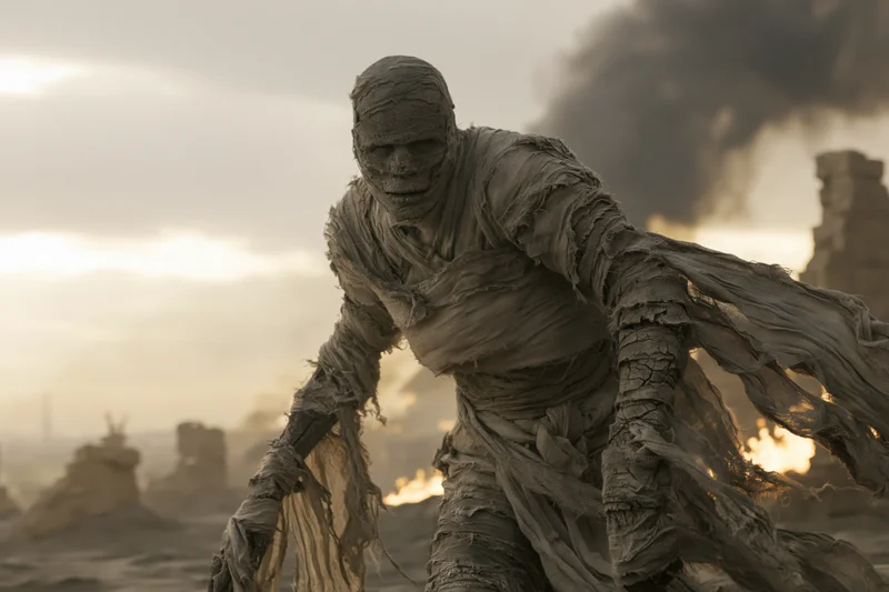 Mummified humanoid wrapped in tattered linen stands in a smoky desert wasteland with burning ruins in the background