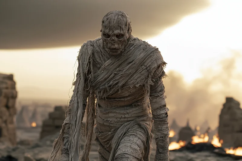 Mummified humanoid wrapped in tattered linen walking through a burning desert ruin at sunset