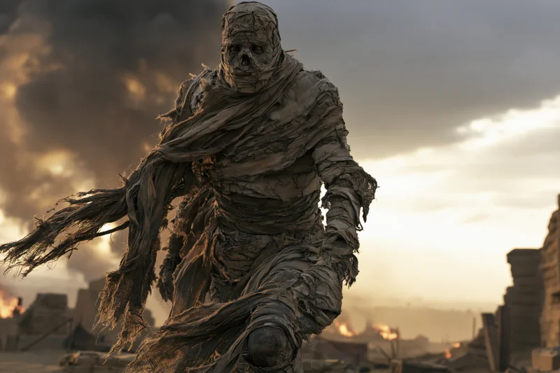 Mummified humanoid figure wrapped in tattered linen walking through burning desert ruins at sunset