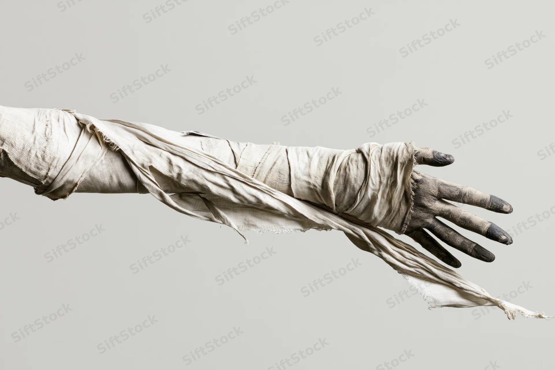 Mummy-wrapped arm and hand reaching forward with darkened fingers against plain background