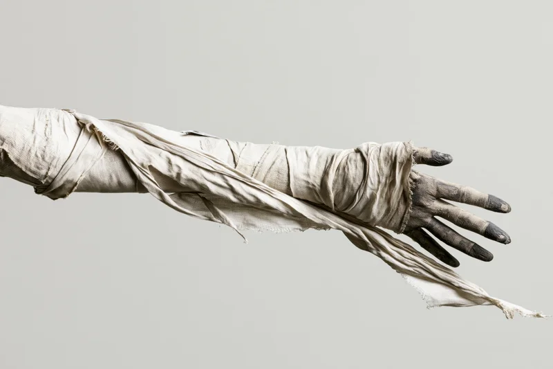 Mummy-wrapped arm and hand reaching forward with darkened fingers against plain background
