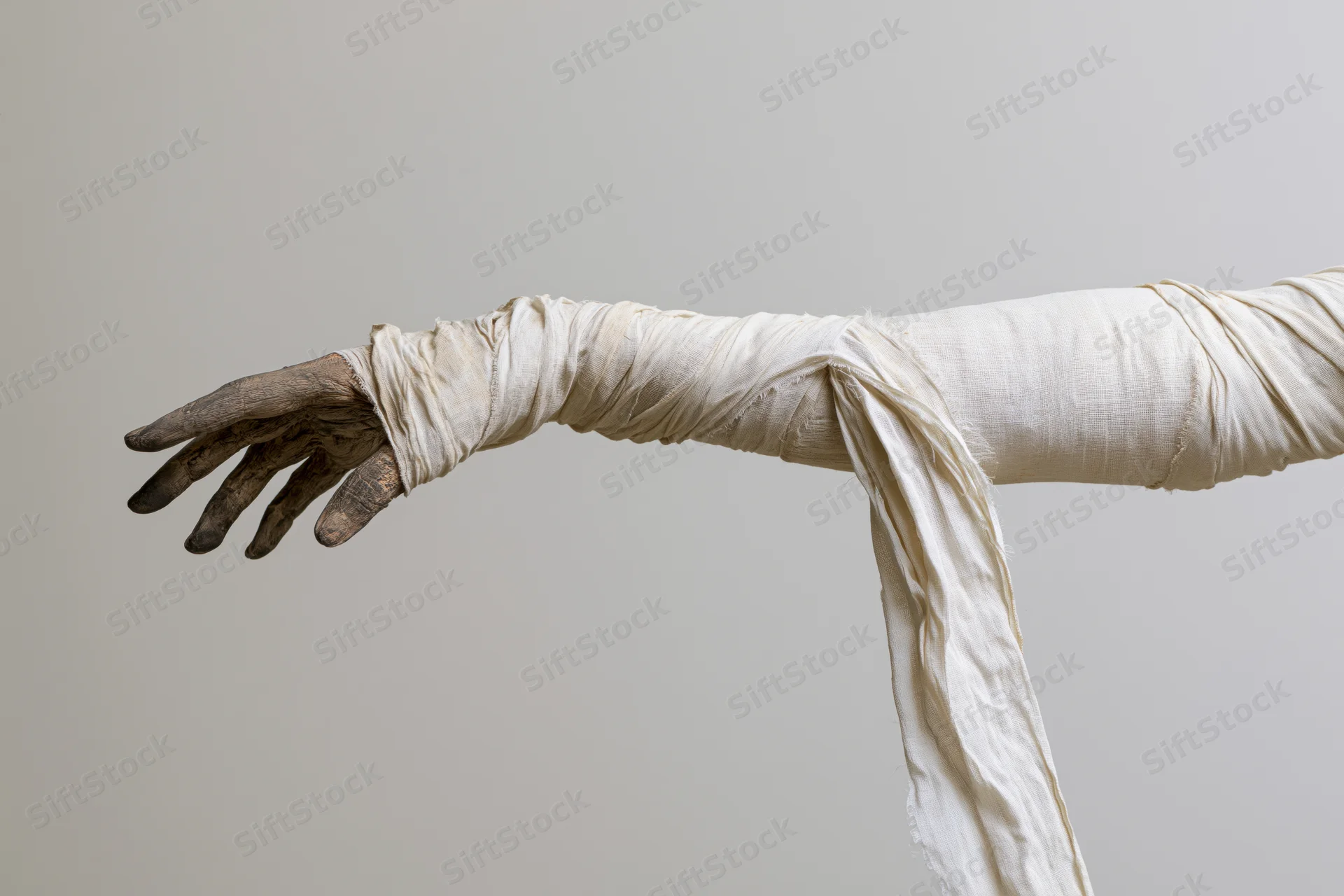 Mummy-wrapped arm and hand reaching forward with darkened fingers against plain background