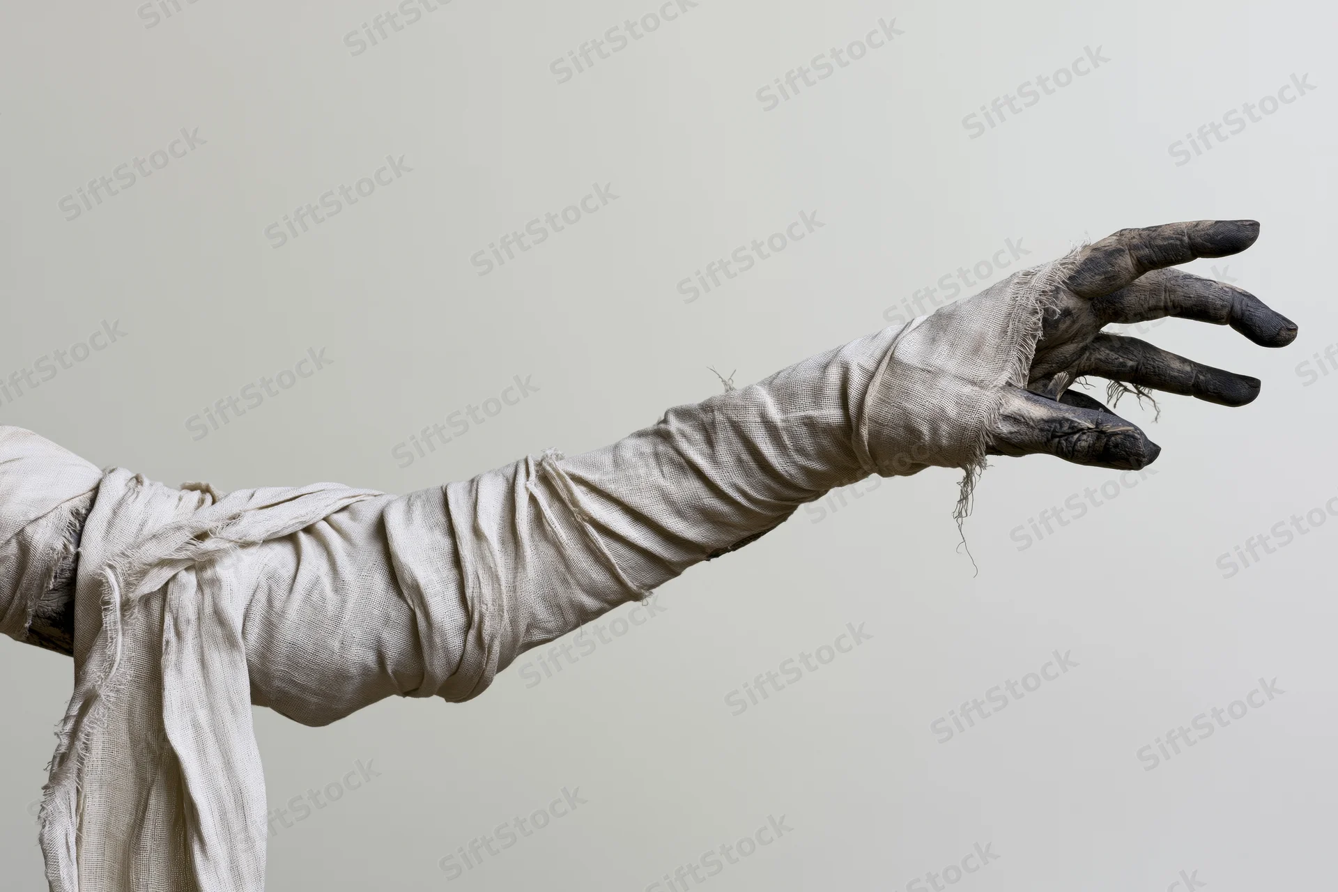 Mummy-wrapped arm and hand reaching forward with darkened fingers against plain background