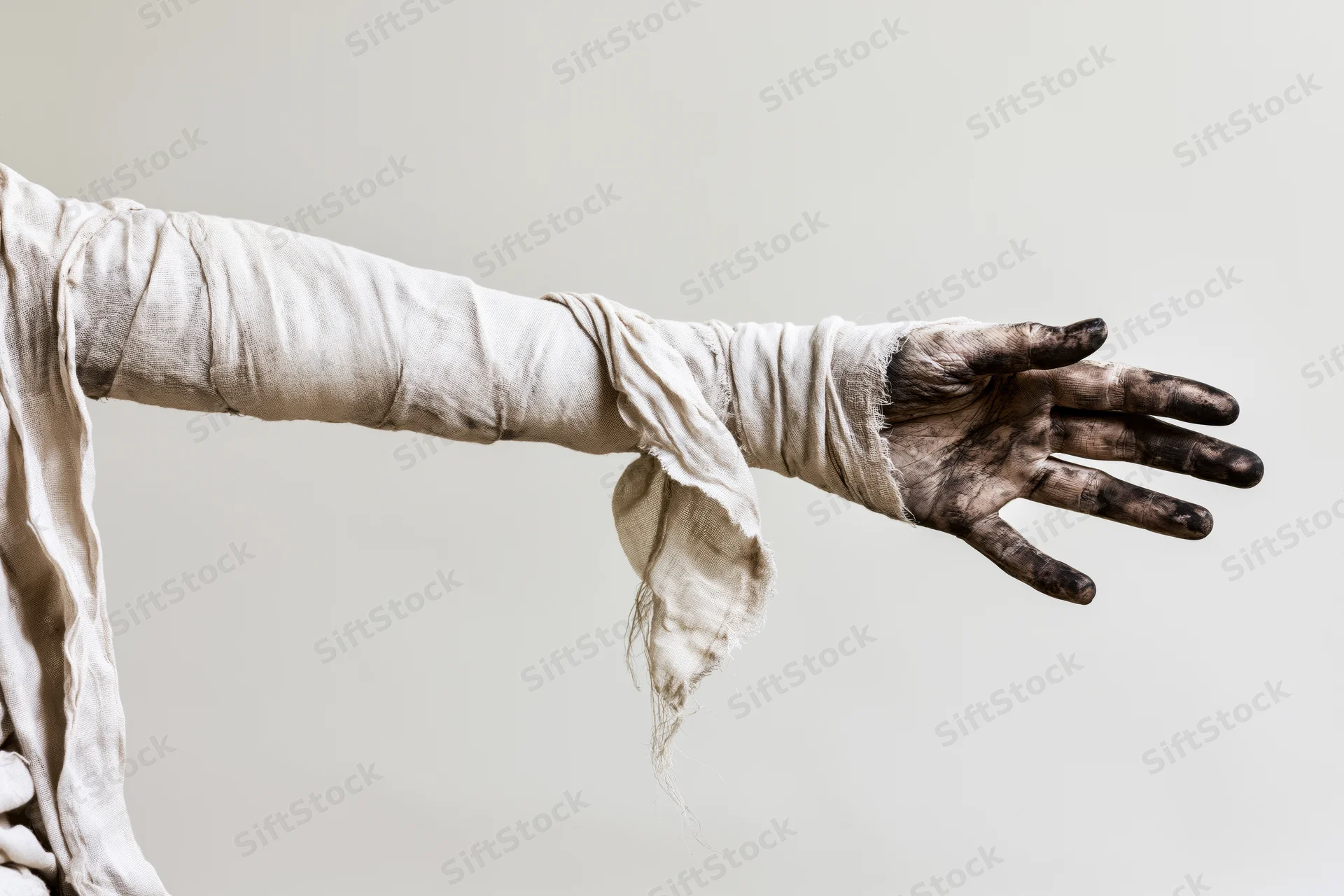 Mummy-wrapped arm extended with darkened fingers against plain background
