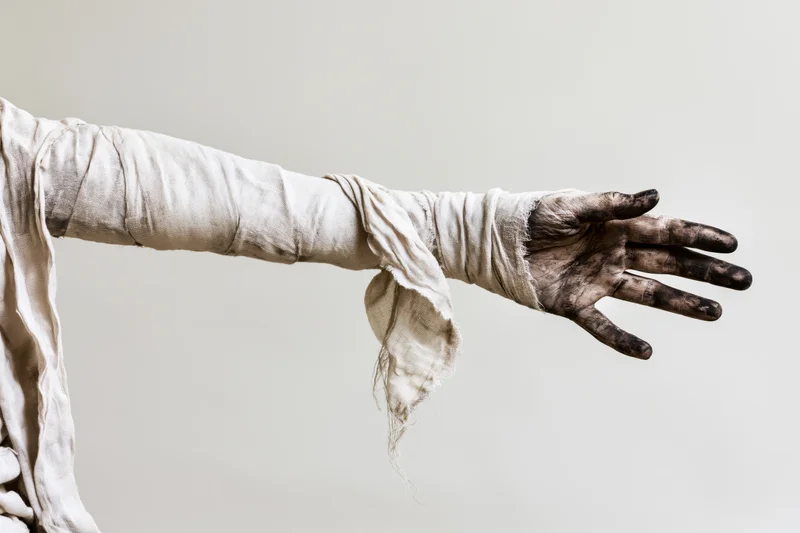 Mummy-wrapped arm extended with darkened fingers against plain background