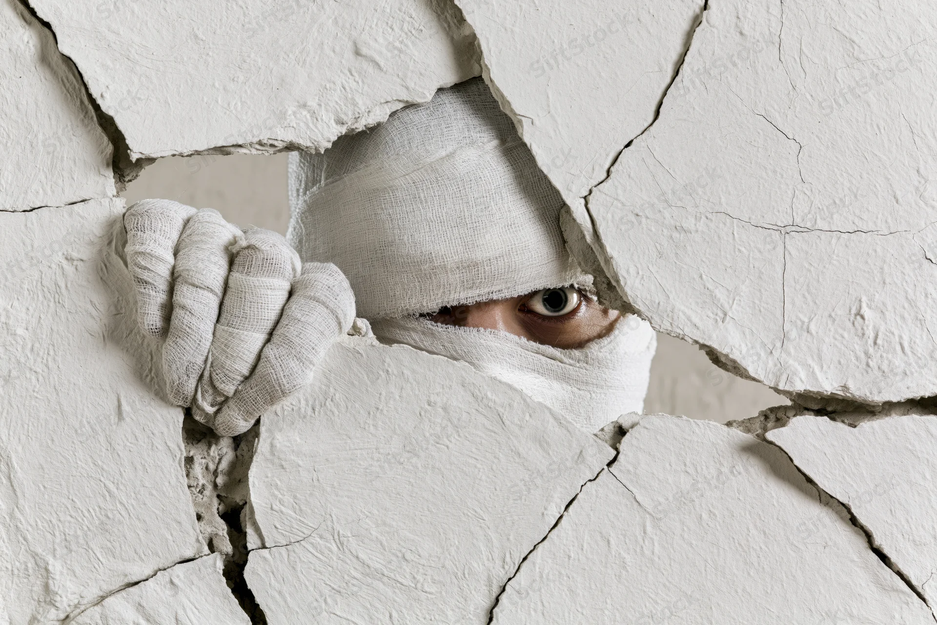Mummy wrapped in bandages peering through cracked plaster wall