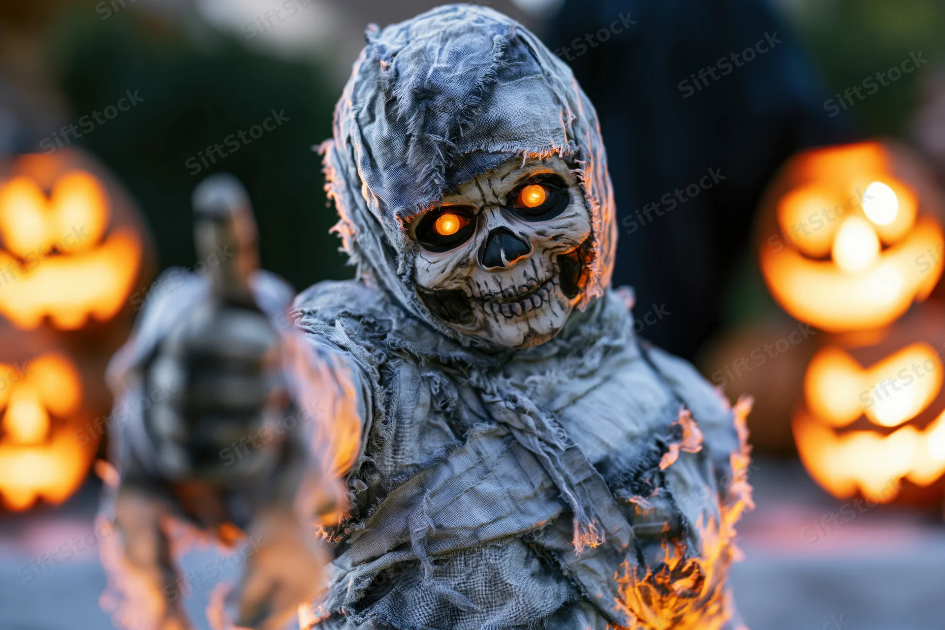 Mummy in halloween costume giving thumbs-up gesture with jack-o-lanterns in background