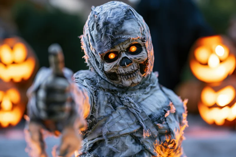 Mummy in halloween costume giving thumbs-up gesture with jack-o-lanterns in background