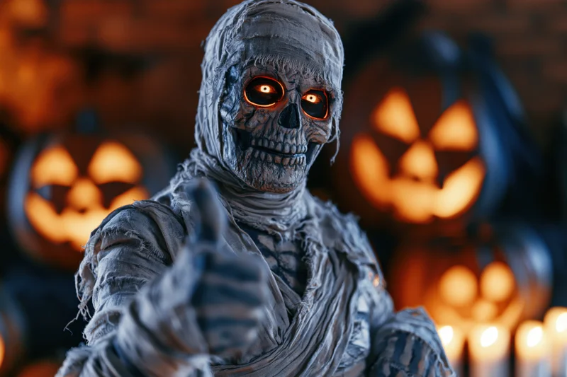 Mummy in halloween costume giving thumbs-up gesture with jack-o-lanterns glowing in background