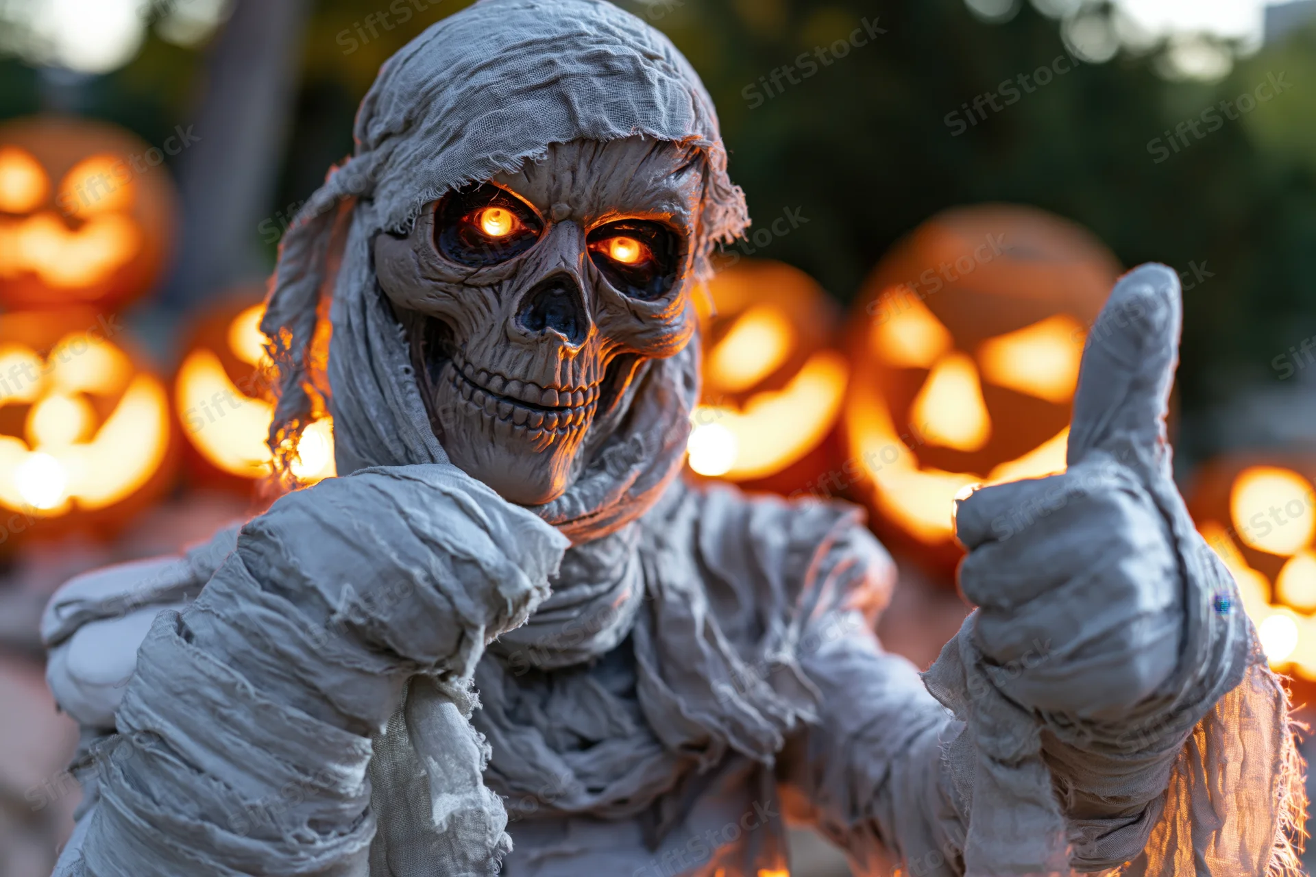 Mummy in halloween costume giving thumbs-up gesture outdoors at night with jack-o-lanterns glowing in background