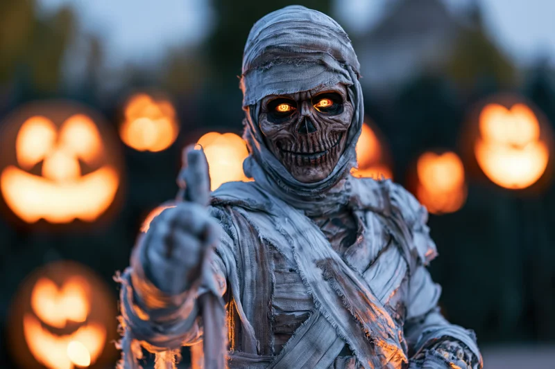 Mummy in bandages giving thumbs-up gesture with glowing jack-o'-lanterns in background