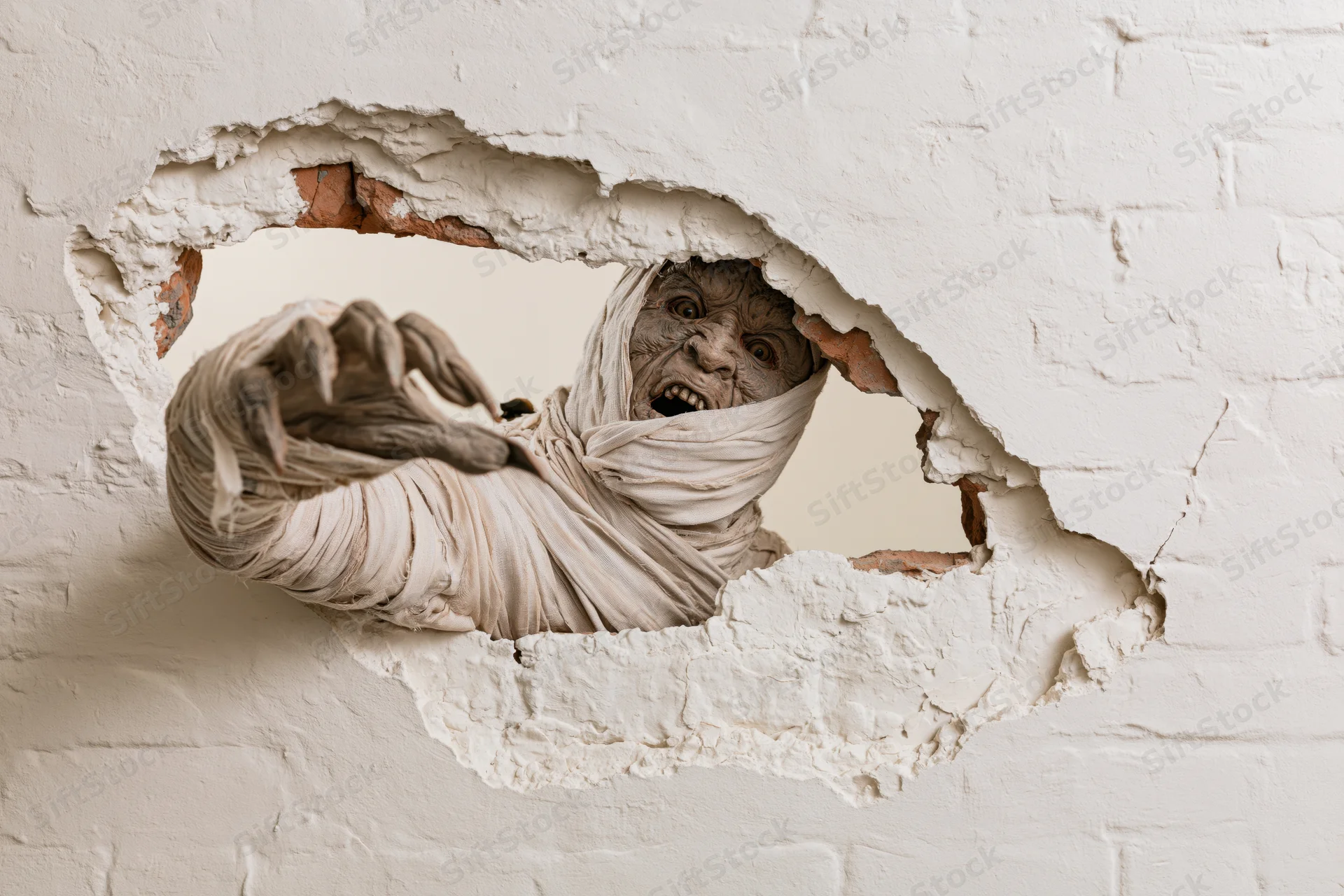 Mummy in halloween costume emerging through broken hole in white brick wall