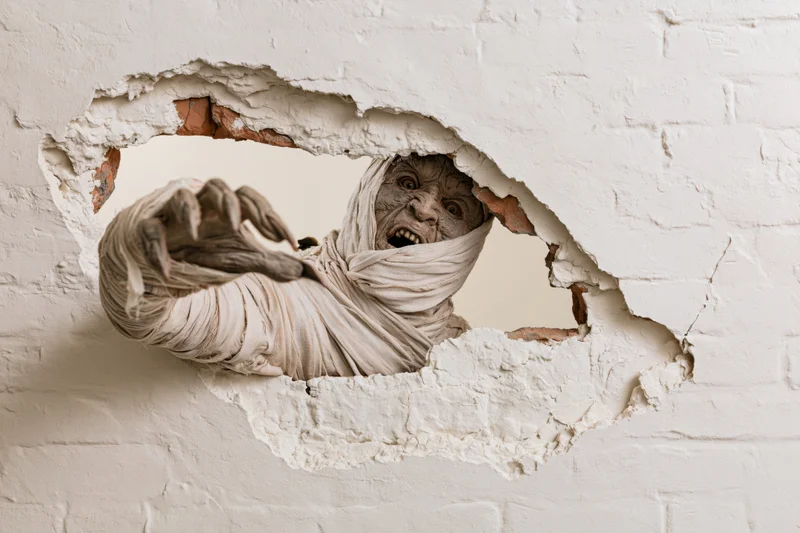 Mummy in halloween costume emerging through broken hole in white brick wall